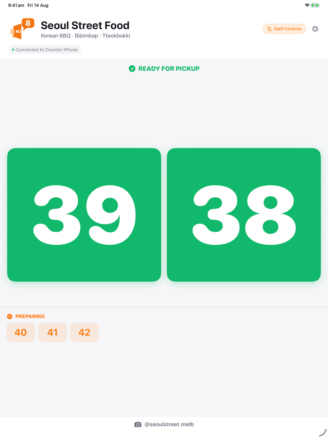 KuKuCall customer display showing order numbers 39 and 38 marked ready for pickup, with 40, 41 and 42 still preparing