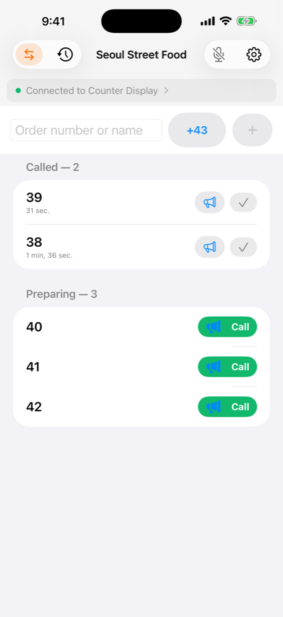 KuKuCall staff remote on iPhone showing called orders 39 and 38, and a queue of orders 40, 41 and 42 ready to call
